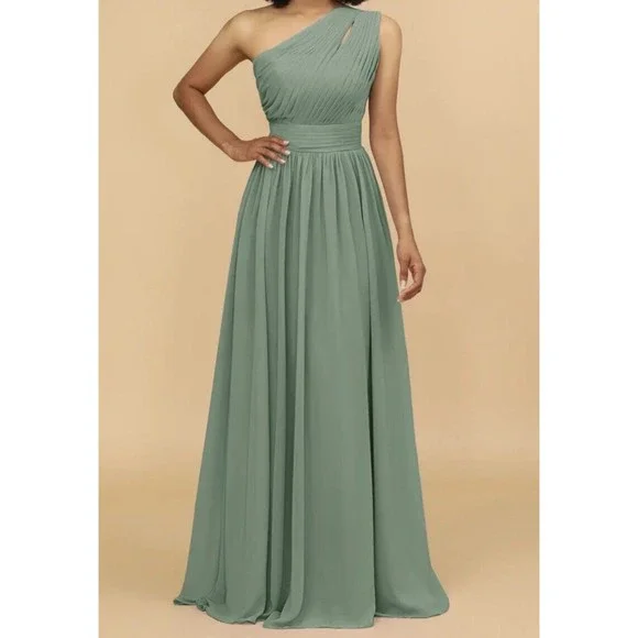 open lace back dress Berylove Women Eucalyptus Bridesmaid Dress A Line Spaghetti Straps Backless Pleated Long Wedding Guest Dress, Eucalyptus / US4 main image 1